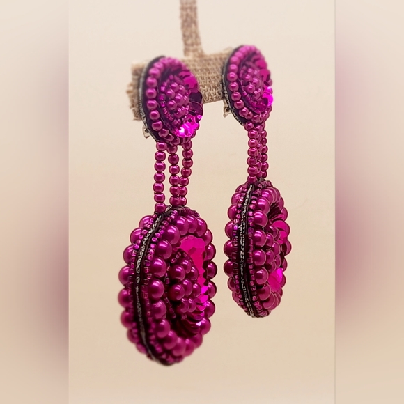 Handmade purple seed bead sequins clip on double drop party fahion earrings - Picture 4 of 6